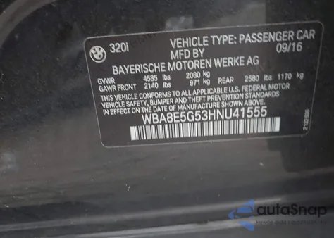 2017 BMW 320I xDrive z USA, uszkodzony, nr VIN WBA8E5G53HNU41555